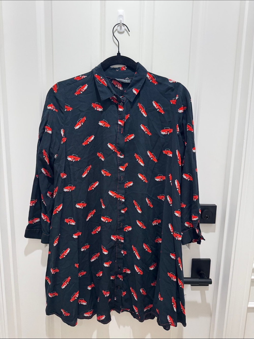 Zara Black Button-Down Shirt with Red Car Print